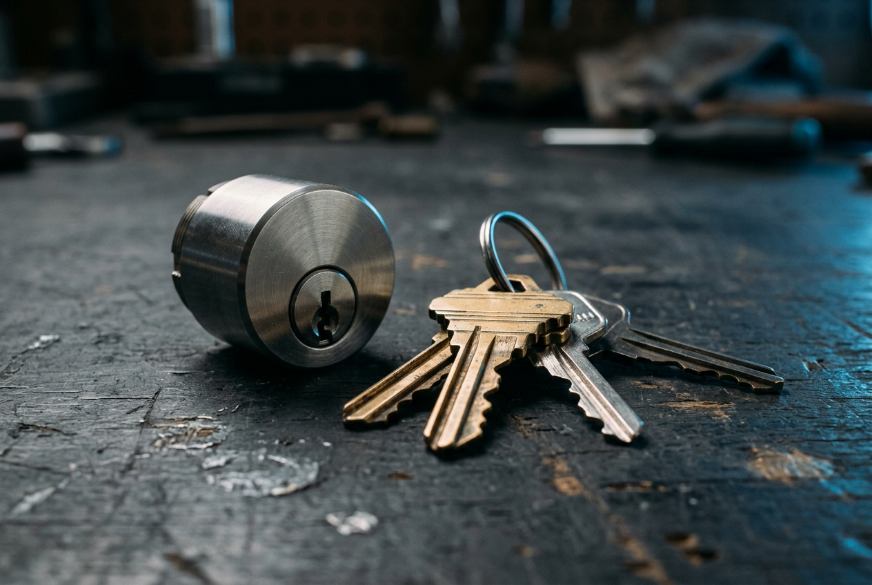 Keys and a deadbolt lock cylinder on a workbench — category image, not the client